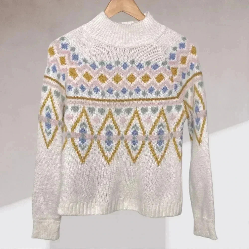 Cozy Christmas  Eyelash Multicoloured Mock Neck Fluffy Sweater in White, Small